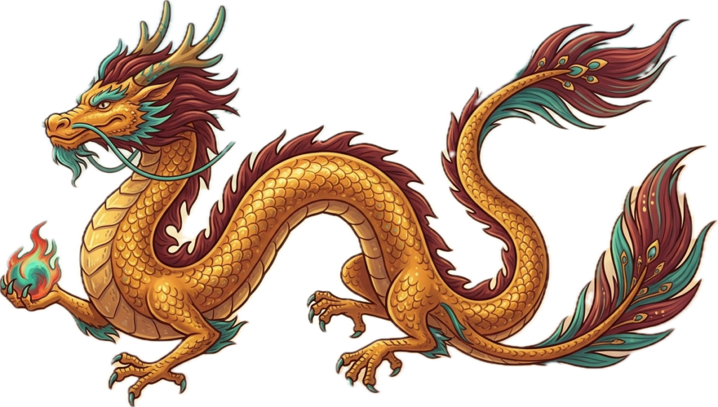 flying yellow dragon with red and blue detail. Dragon dancing trail png sticker