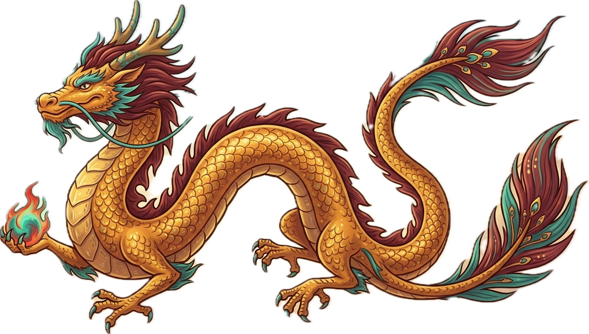 flying yellow dragon with red and blue detail. Dragon dancing trail png sticker