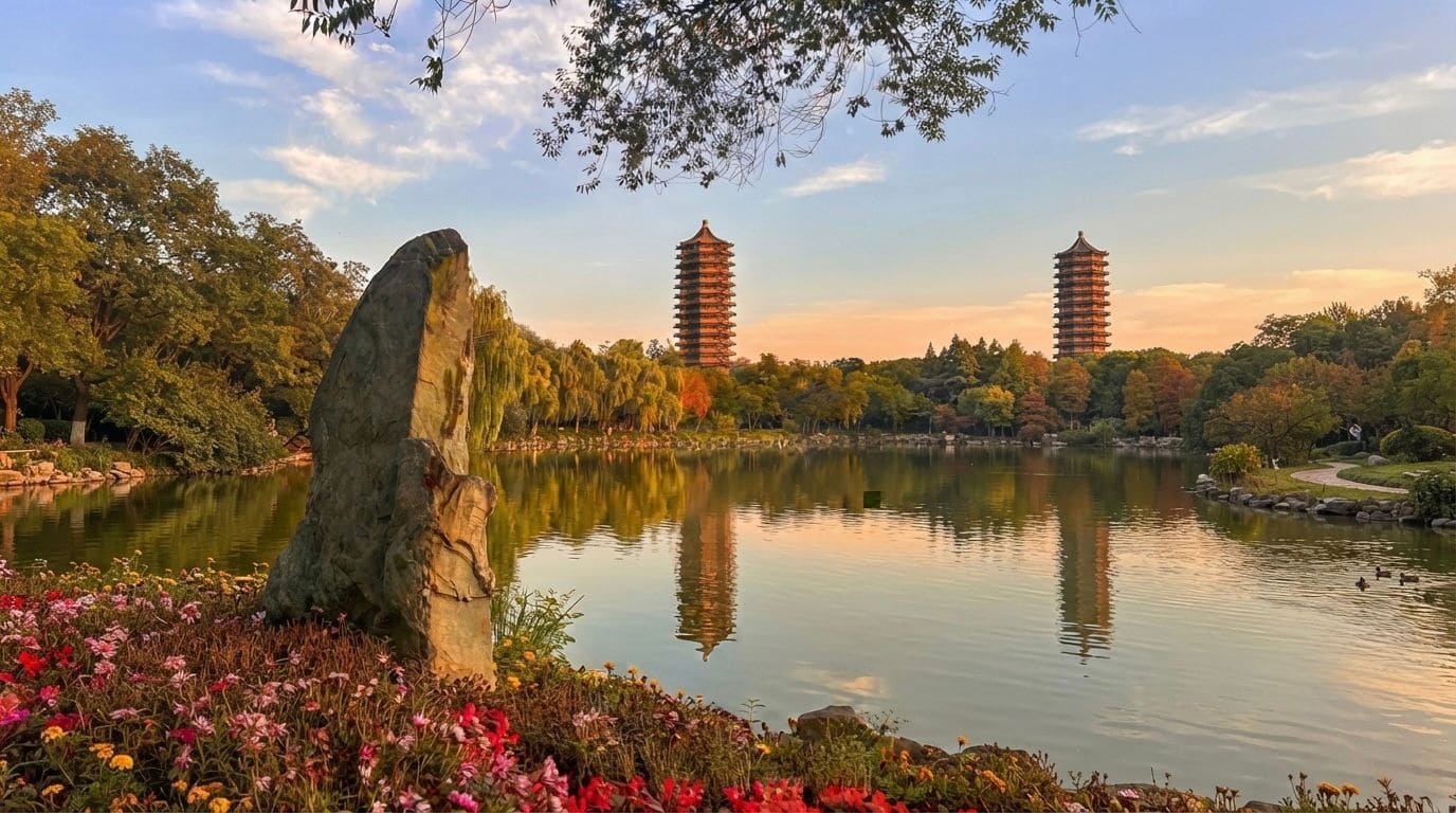 A serene garden landscape featuring a calm lake that reflects two traditional Chinese pagodas in the distance, with a large decorative rock and vibrant flowers in the foreground under a warm, sunset-lit sky.