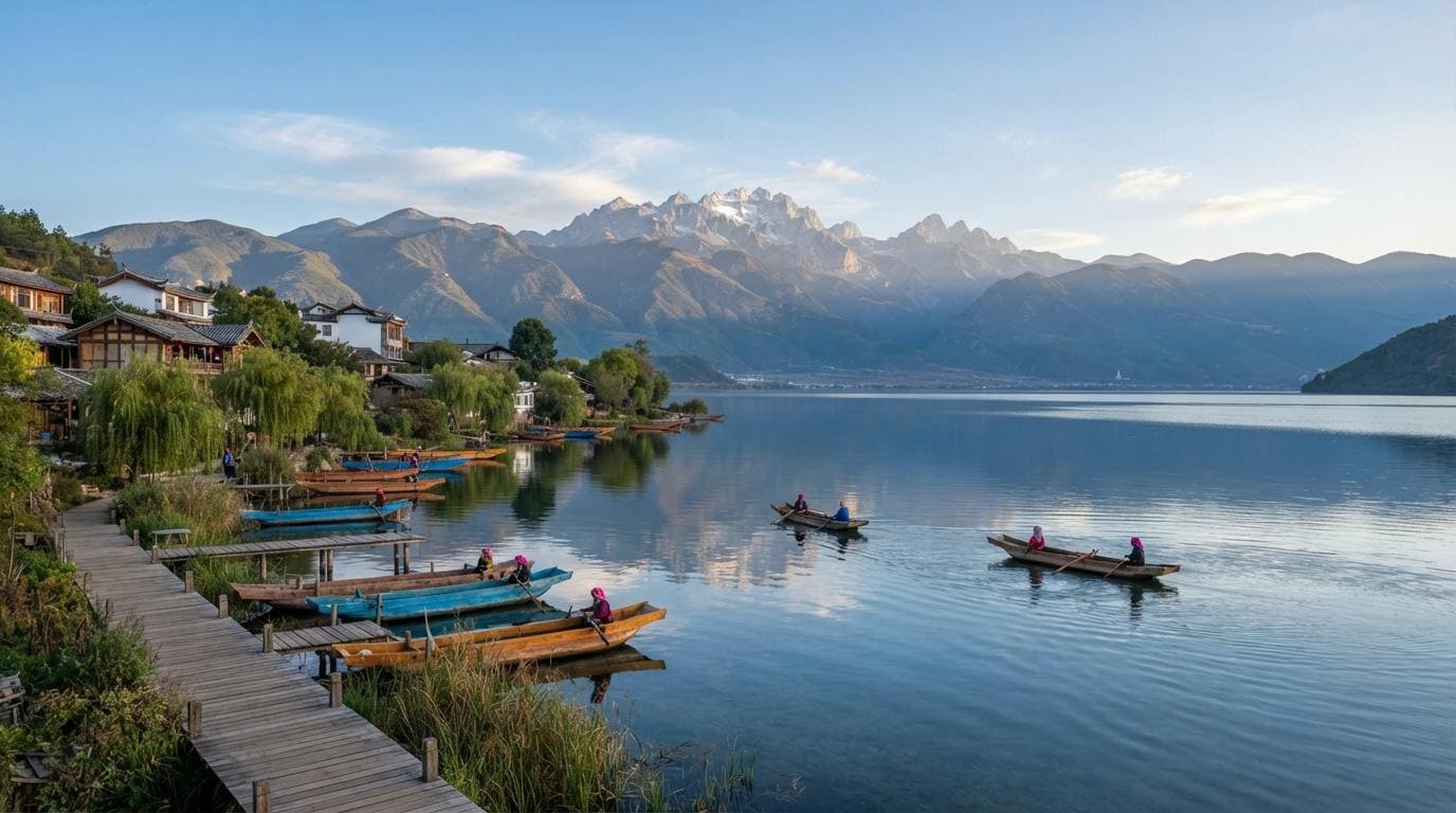 A wide-angle, eye-level shot captures a serene lake scene at what appears to be golden hour. In the foreground, a rustic wooden boardwalk stretches along the left bank, bordered by tall, slender reeds. Several small, colorful wooden boats, painted in shades of blue and orange, are moored along the boardwalk, with people wearing bright pink headscarves visible in some of them. To the right, two small boats are being rowed across the calm, reflective water. In the background, traditional-style buildings with dark tiled roofs nestle among lush green trees on the left shore. Behind the lake, a majestic range of snow-capped mountains rises against a clear blue sky, their peaks illuminated by the soft light of the setting or rising sun.