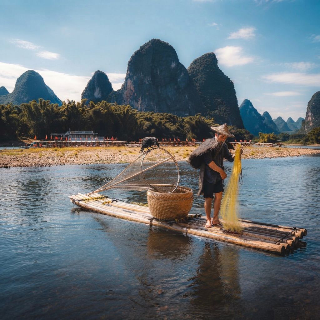 A fisherman wearing a traditional straw hat stands on a bamboo raft on a calm river, preparing a fishing net with a cormorant perched nearby, set against the dramatic karst mountain landscape typical of the Li River in China.