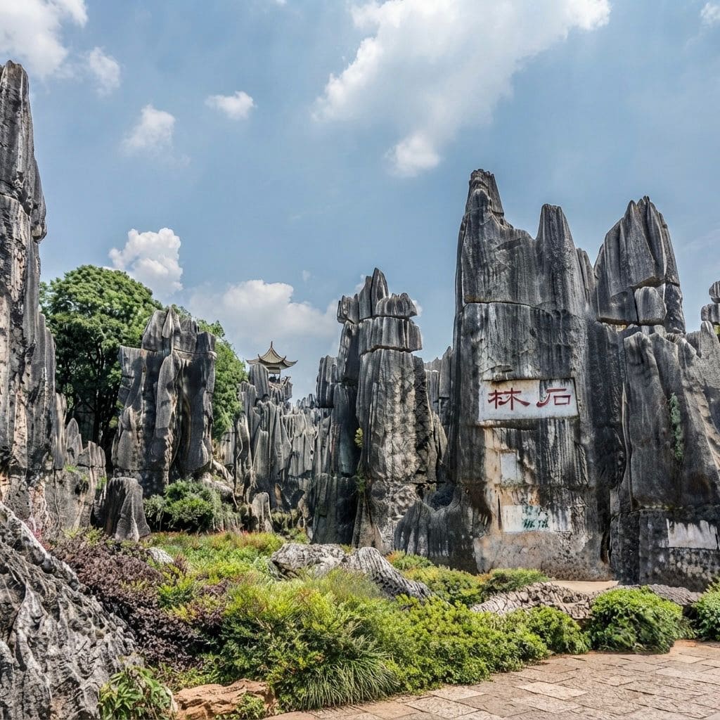 A stunning landscape of towering limestone karst pillars at the Shilin Stone Forest in China, featuring lush greenery, rugged rock formations, and a traditional Chinese pavilion visible in the distance under a blue, cloudy sky.