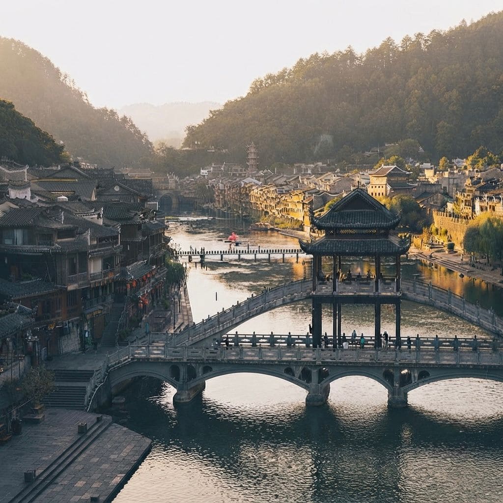 A scenic view of a traditional Chinese town featuring historic wooden buildings with tiled roofs lining a river, crossed by a prominent arched bridge with a decorative pavilion, all set against a backdrop of rolling, tree-covered hills during golden hour.