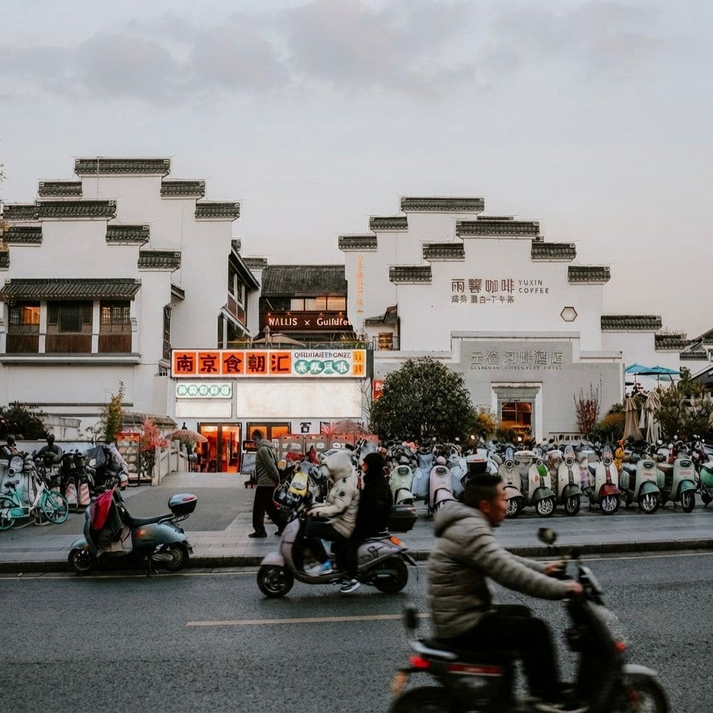 A bustling street scene in China featuring traditional white buildings with dark stepped roofs, brightly lit storefronts, parked motor scooters, and locals commuting through the city.