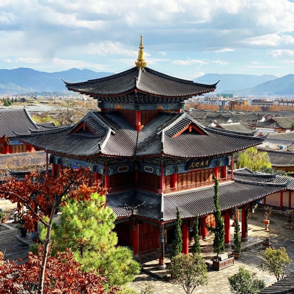 A stunning aerial view of a traditional multi-tiered Chinese temple with intricate wooden architecture, a dark tiled roof, and a golden finial, situated within a peaceful courtyard setting with mountains in the background.