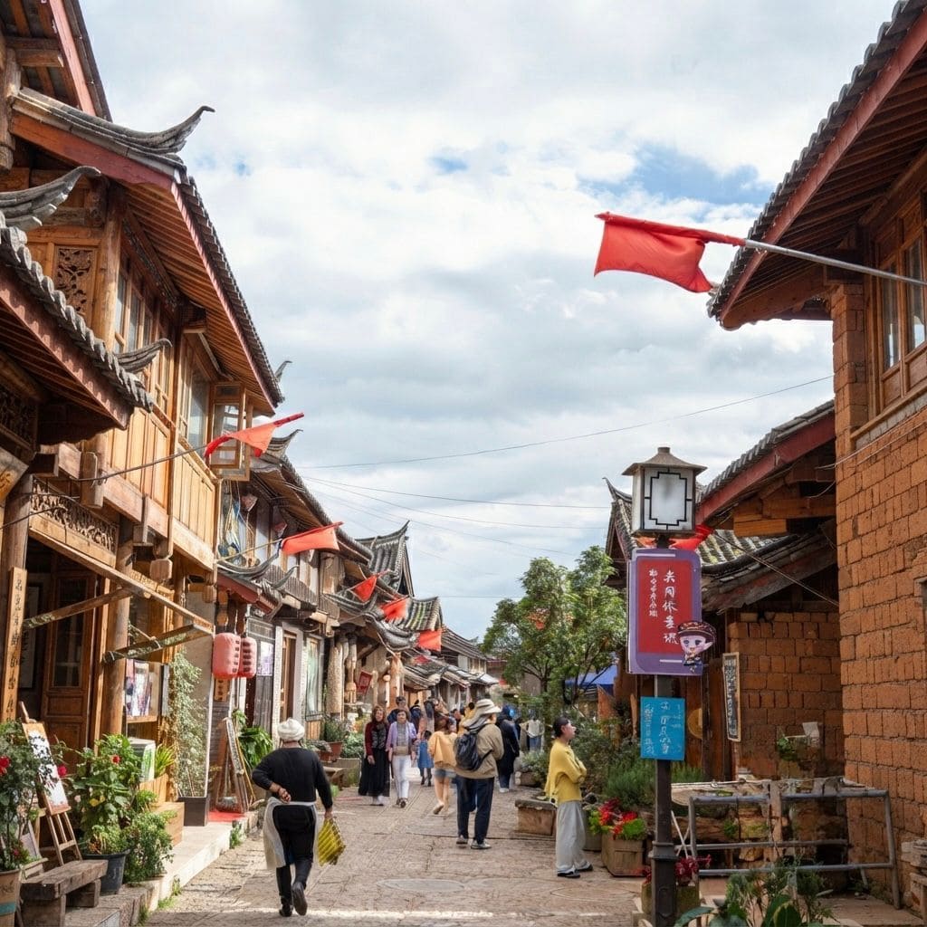 A narrow, stone-paved street in an historic Chinese town, lined with traditional wooden buildings, red flags, and potted plants, with pedestrians walking through the scene under a cloudy blue sky.