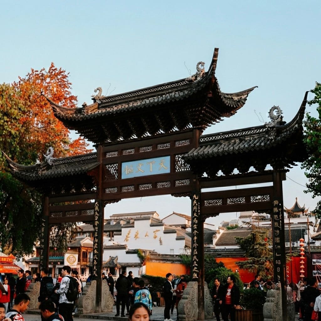 A crowd of people walking through a large, ornate traditional Chinese wooden gate with intricate carvings, curved eaves, and calligraphy, leading into a town square with historic white buildings and autumn foliage.