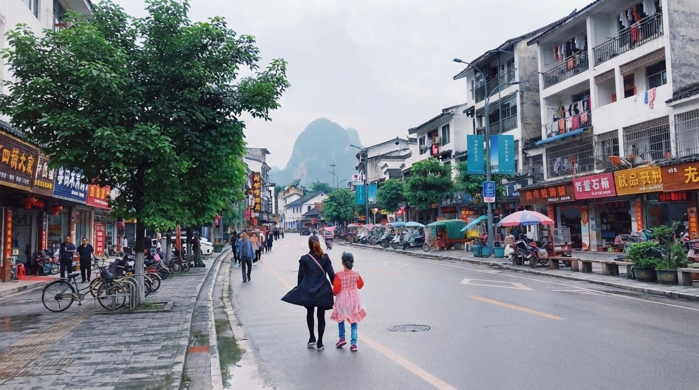 A mother and child walk hand-in-hand down a wet street in a Chinese town, with traditional buildings featuring red-bannered storefronts lining the sides, and a large, distant karst mountain visible in the background under a cloudy sky.