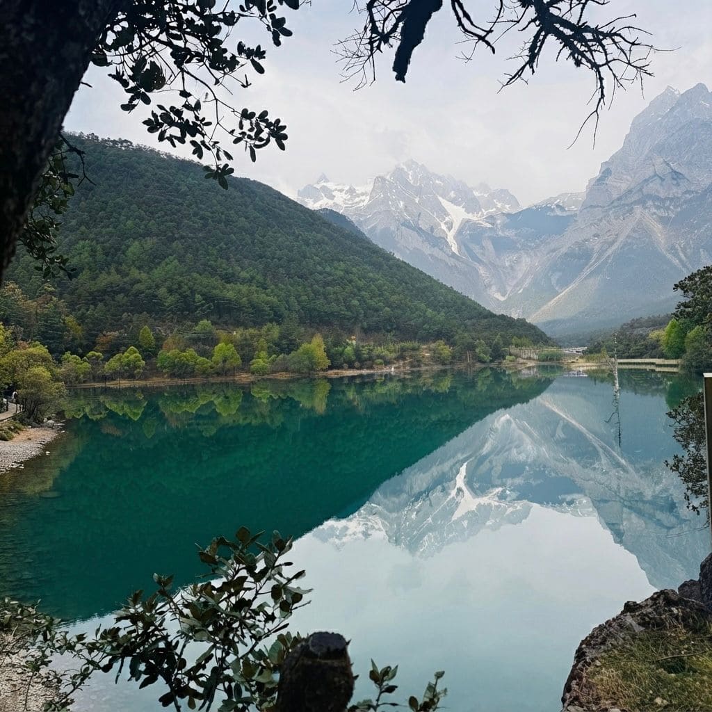 A serene landscape featuring a vibrant turquoise lake that perfectly reflects the towering, snow-capped Jade Dragon Snow Mountain, framed by lush green hills and overhanging tree branches.